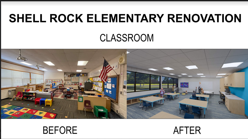 shell rock elementary renovation before and after classroom with side by side of before and after concept of room and desks