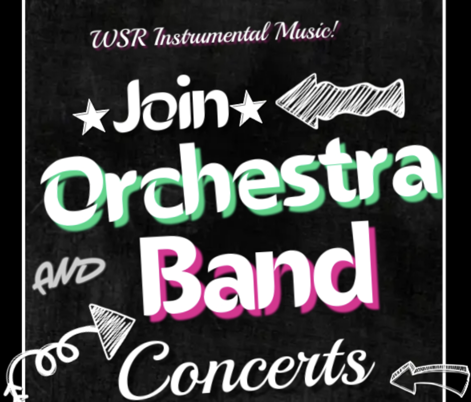 Join orchestra and band concerts text on black background with squiggly arrows pointing at message